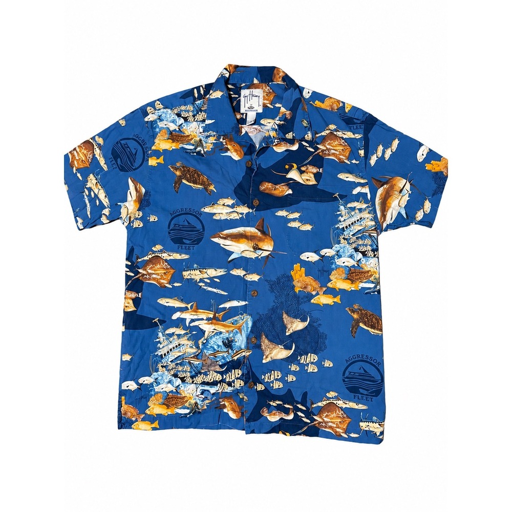 Vintage Guy Harvey AFTCO Bluewater Mens M Aggressor Fleet Hawaiian Shirt USA